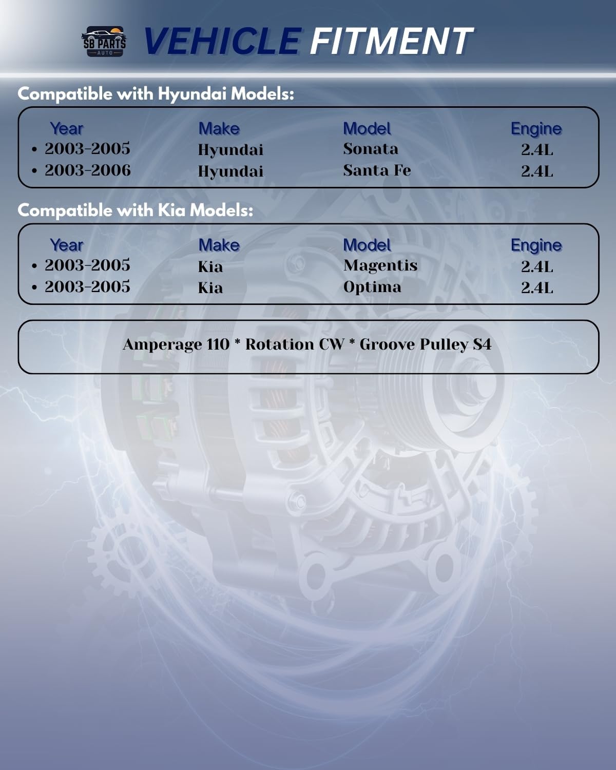 SB Parts New Alternator Compatible with Hyundai Sonata Santa Fe, Compatible with Kia Magentis Optima (2.4L) 2003 2004 2005