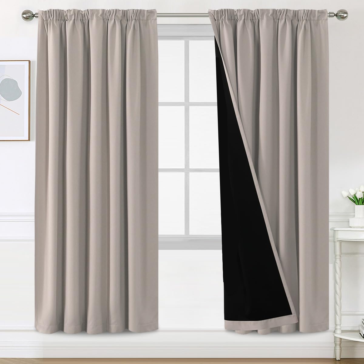 BellaHills 100% Gardinen mit Kräuselband Blickdicht Vorhang Kälteschutz Verdunklungsvorhänge Gardinen Wohnzimmer, Schallschutz Vorhang 2er Set H245 x B140 cm, Natur