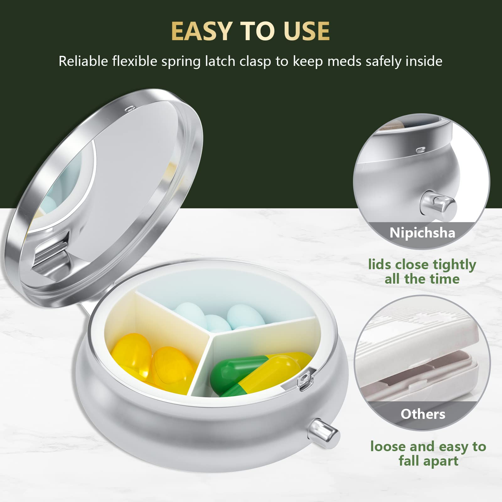 Nipichsha Pastillero, pequeño pastillero para bolso y bolsillo, bonito organizador de medicamentos de viaje, soporte portátil para guardar vitaminas, medicamentos, aceite de pescado y suplementos