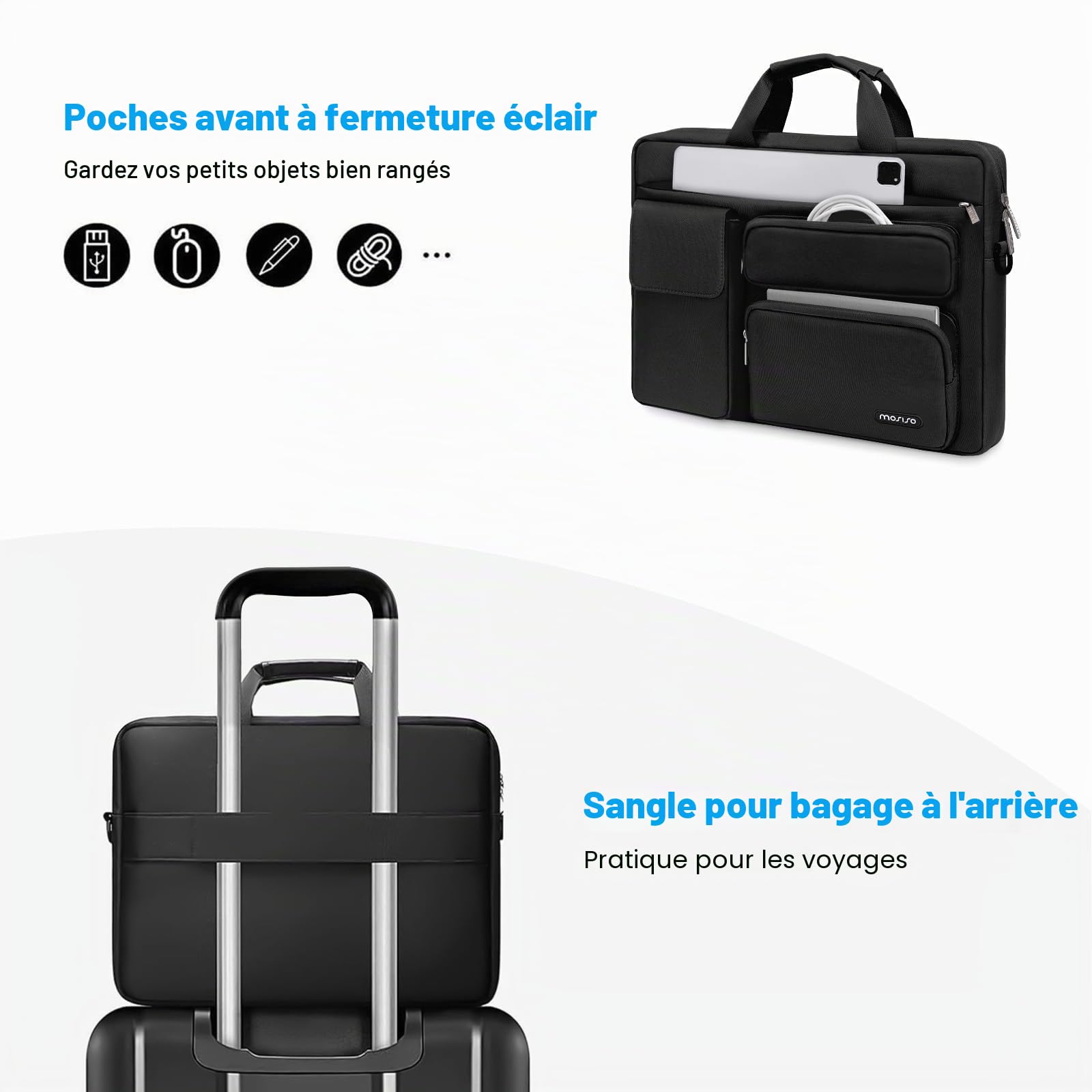 MOSISO Sacoche Ordinateur Portable 16 Pouces,Compatible avec MacBook Air 15/Pro 16 M5 M4 M3 M2 M1,15-15,6" Notebook avec 2 Surélevé&1 Rabat&1 Poche Horizontale&Poignée&Ceinture,Noir