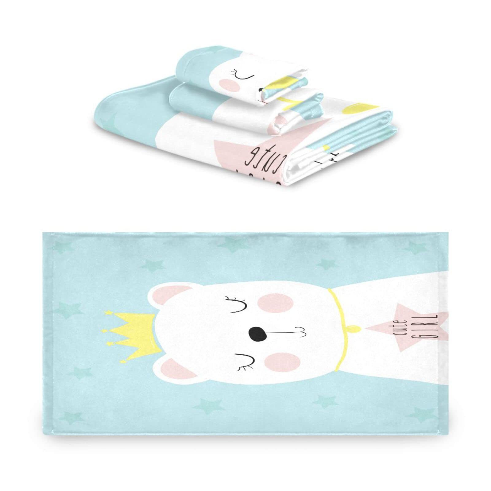 Rey Gato Linda Chica Juego de Toallas para Baño Playa 100% Algodón de Piscina Toalla (1 Toalla de Baño y 1 Toalla de Mano y 1 Paño de Lavado) para Nadar Hotel Niñas Niños Niños