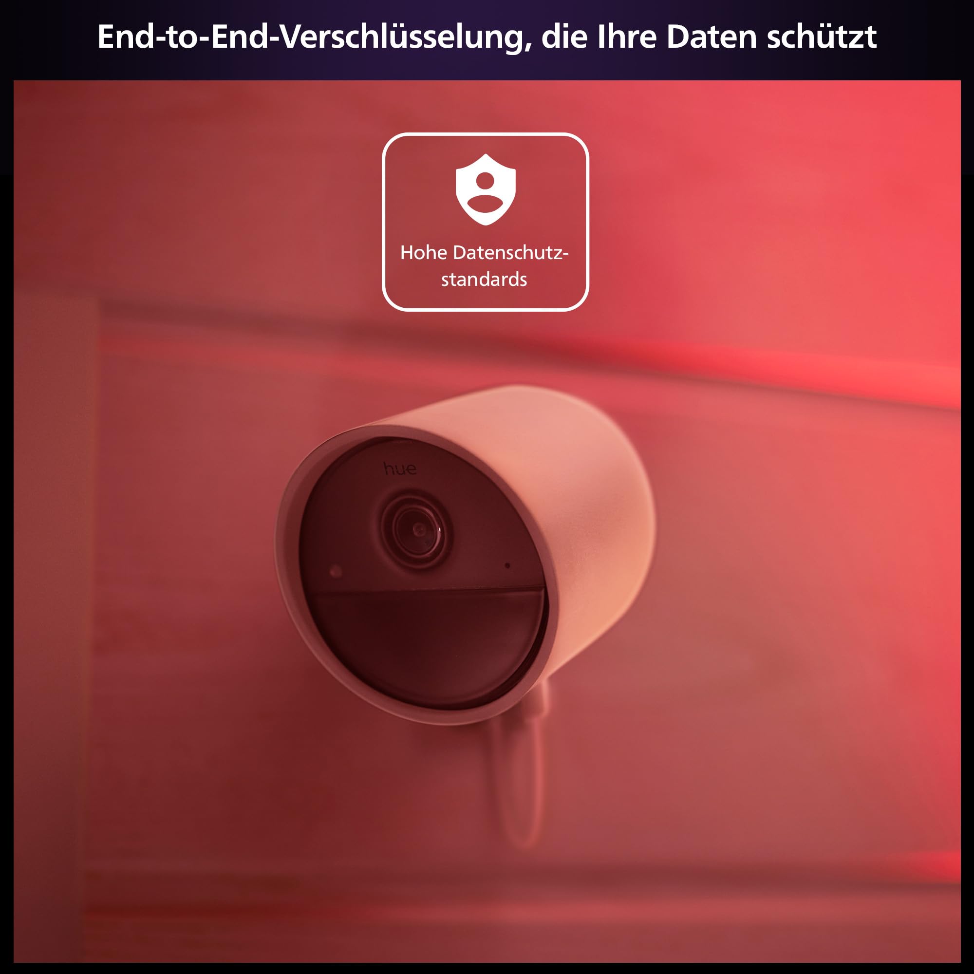 Philips Hue Secure kabelgebundene Smart Home Überwachungskamera mit Standfuß, Full HD Video, für drinnen oder draußen, Smart Home Security und Lichtsteuerung per App, weiß, 1er Pack