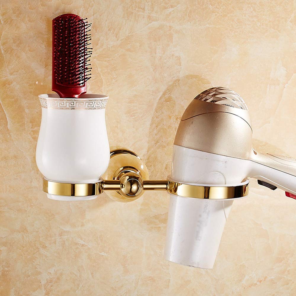 LifeX Luxury Stainless Steel Bathroom Hair Dryer Shelf Gold Light Hair Dryer Bracket Bathing Bronze Hair Dryer Rack Comb Toothbrush Cup Storage Holder Frame