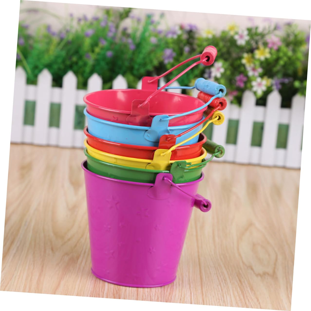 Jouet de Plage Seau en Fer 6pcs Poignée Bois pour Garçon et Filles