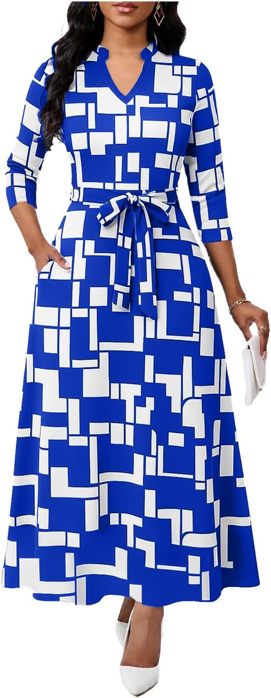 Maxi Dresses for Women Semi Formal Long Dress 3/4 Sleeve Casual A-line Church Dresses with Pockets