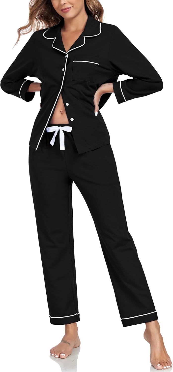 CF Womens 100% Cotton Pajama Sets Long Sleeve Fall Pajamas Soft Button Down 2 Piece Lounge Sets Sleepwear with Pockets S-XXL