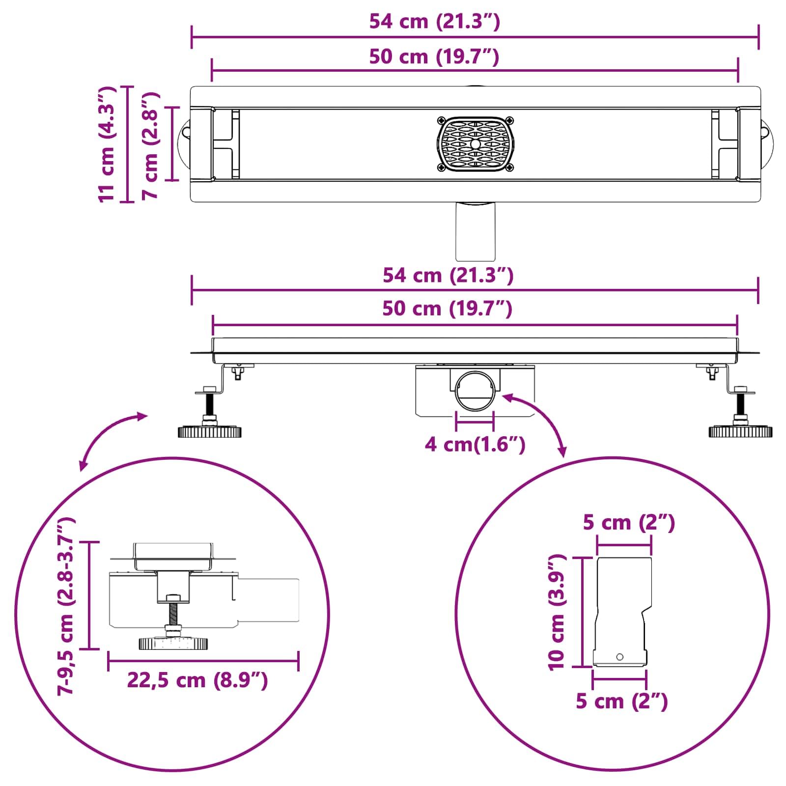 Duschablauf 2-in-1 mit 360° Siphon aus Edelstahl, höhenverstellbar 54 x 11 cm, mit Haarfänger, Geruchsverschluss, Sieb und Filter für Dusche, Bad und Waschbecken
