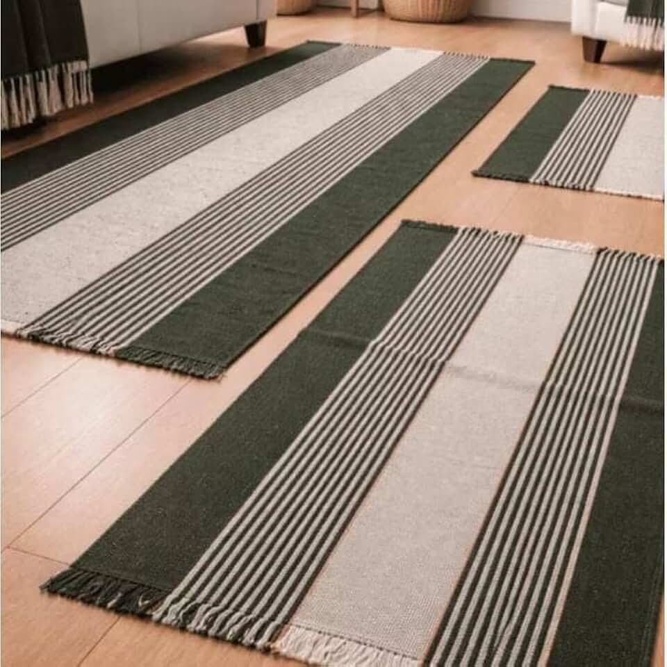 Kit Tapete 3 Peças Passadeira Cozinha Completa Simples Decorativa(Verde Escuro)