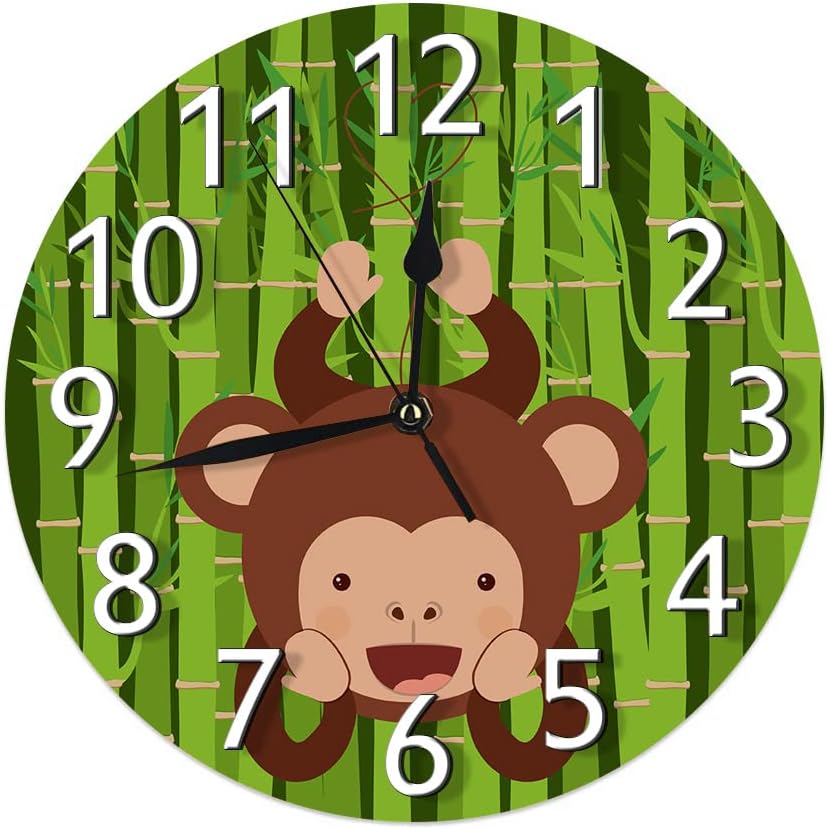 AOOEDMCute Monkey Wall Clock Non Ticking,Brown Monkey Hanging ape Bamboo Green Tree Round Wall Clocks Battery Operated for Living Room Bedroom Decor