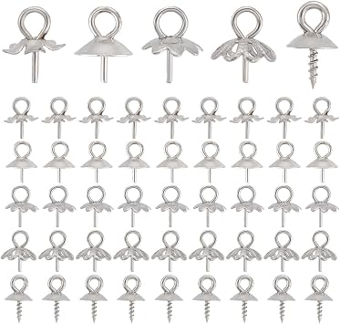 UNICRAFTALE 100Pcs 5 Style Stainless Steel Eye Pin Cup Peg Bails Pendants Flower Bead Caps Small Screw Cup Pearl Bails for Half Drilled Beads Charms Jewelry Making 8-10mm Long