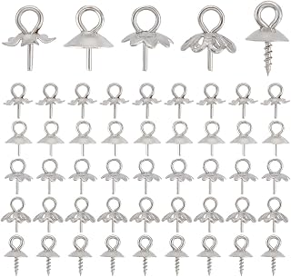 UNICRAFTALE 100Pcs 5 Style Stainless Steel Eye Pin Cup Peg Bails Pendants Flower Bead Caps Small Screw Cup Pearl Bails for Half Drilled Beads Charms Jewelry Making