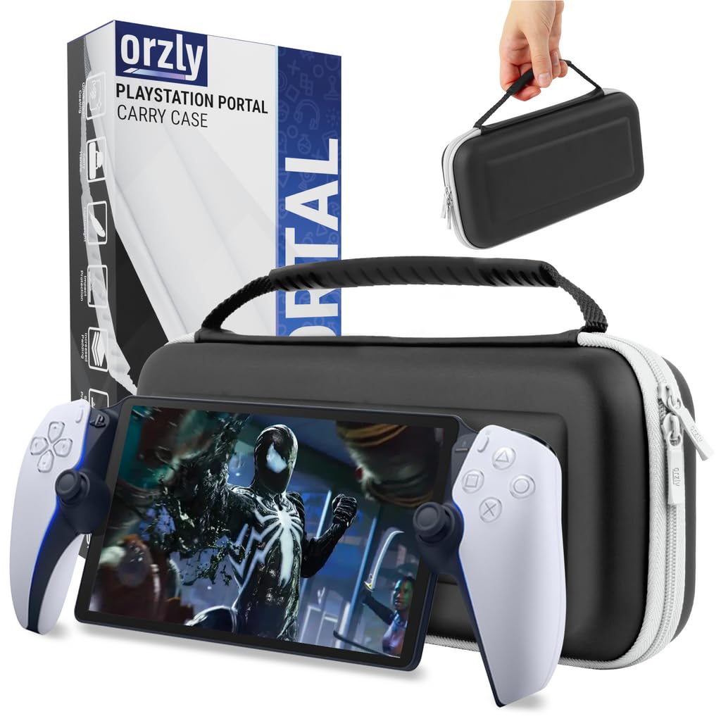 Orzly Carry Case designed for Playstation Portal remote player for PS5 Console holds accessories, Travel and Storage Protection for headset charger and more BLACK/WHITE - Gift box edition (Black) - Main View
