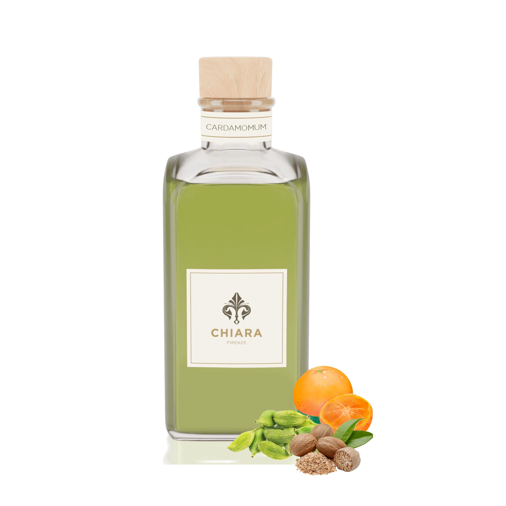 Chiara Firenze Raumduft Cardamomum 200 ML Flasche + Stäbchen Made in Italy Mandarinenblätter - Cardamomum – Zedernholz