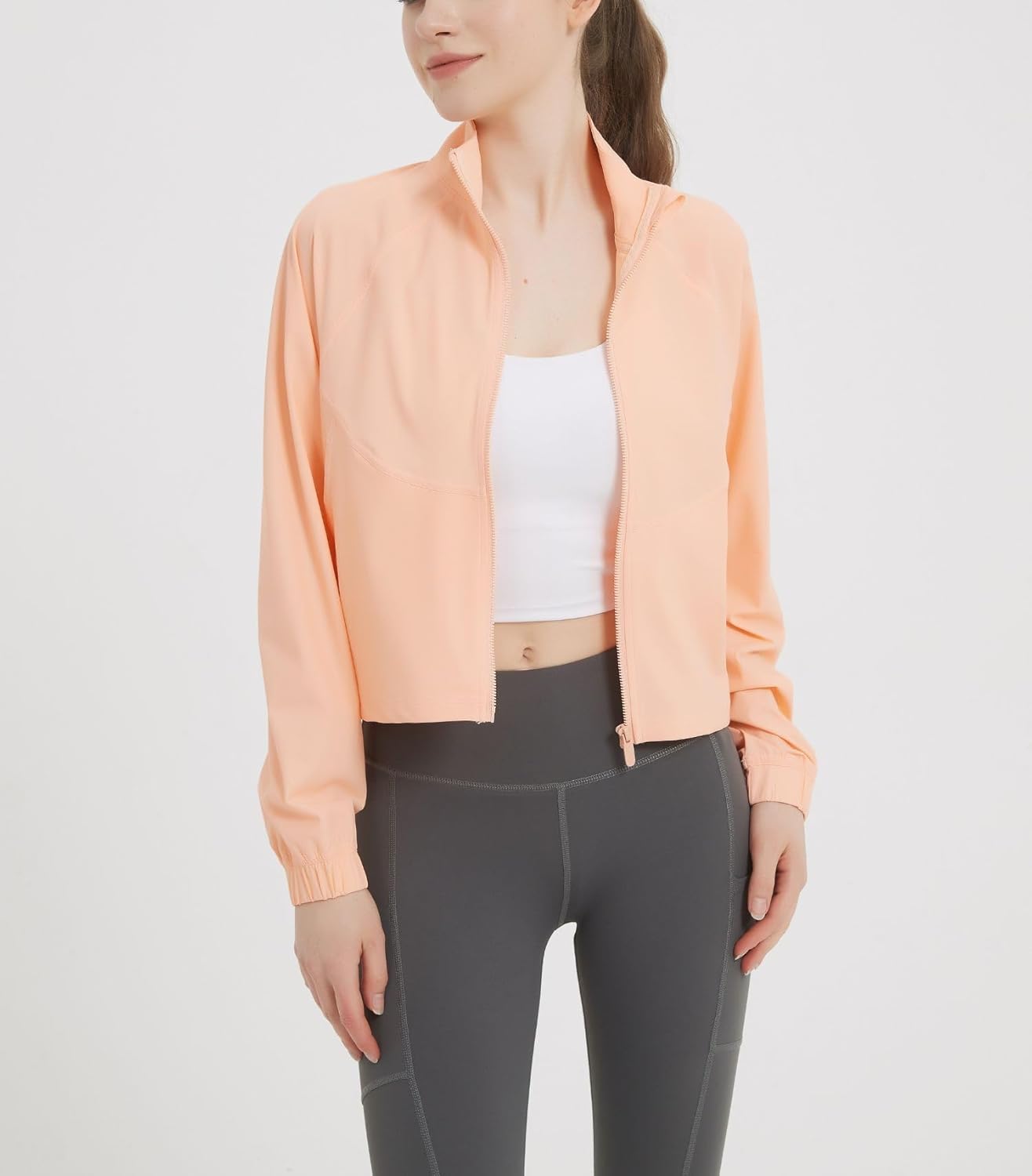 happlan Women's UPF 50+ Sun Protection Athletic Running Gym Yoga Long Sleeve Cropped Zip Up Workout Shirt Track Jacket