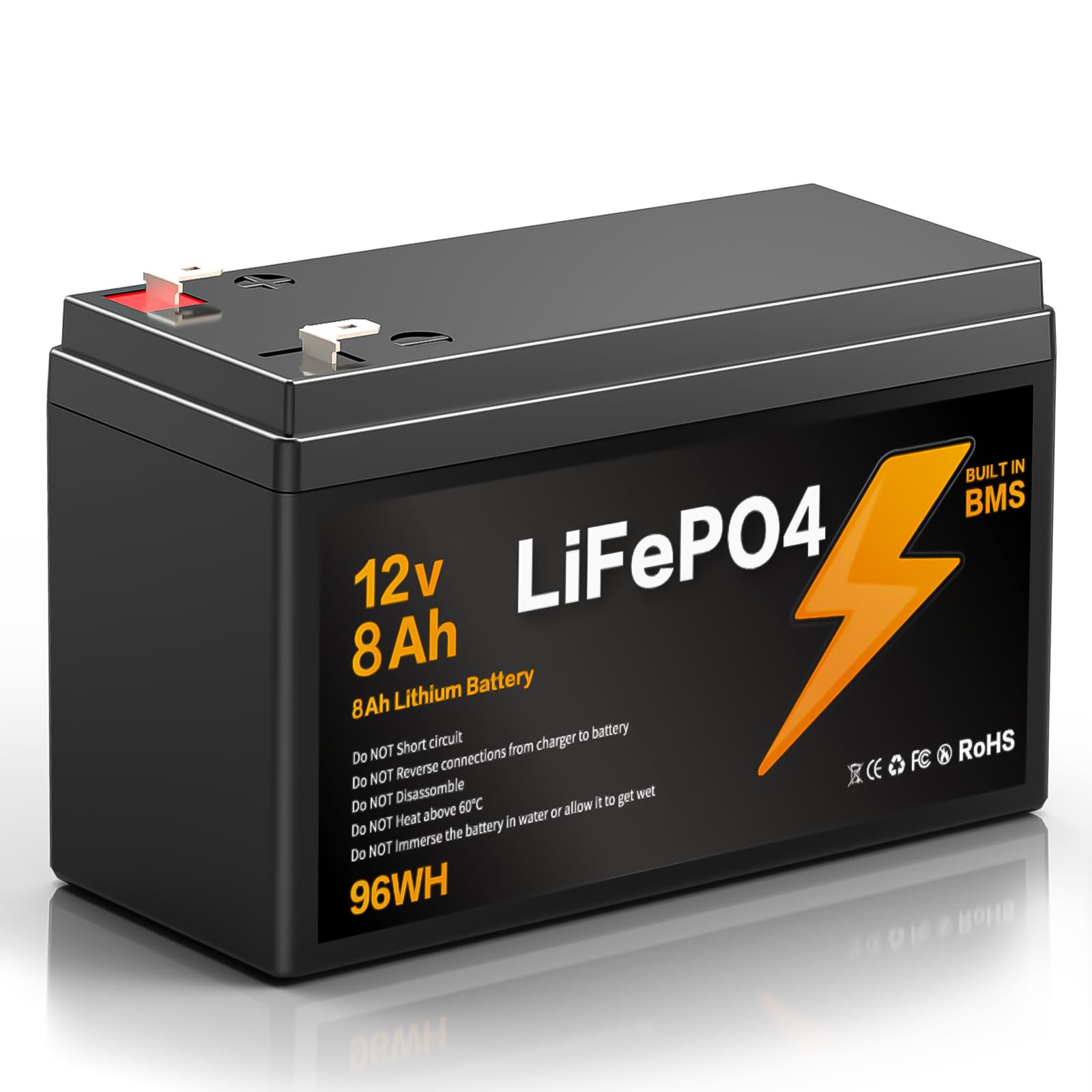 12V 8Ah LiFePO4 Batterie,Lithium Batterie 12.8v 8AH mit Smart BMS Schutz 15000 Zyklen Deep Cycle Lithium Akku,96WH Lithiums Batteries 12.8V 8Ahs für Wohnwagen,Camping,Boote