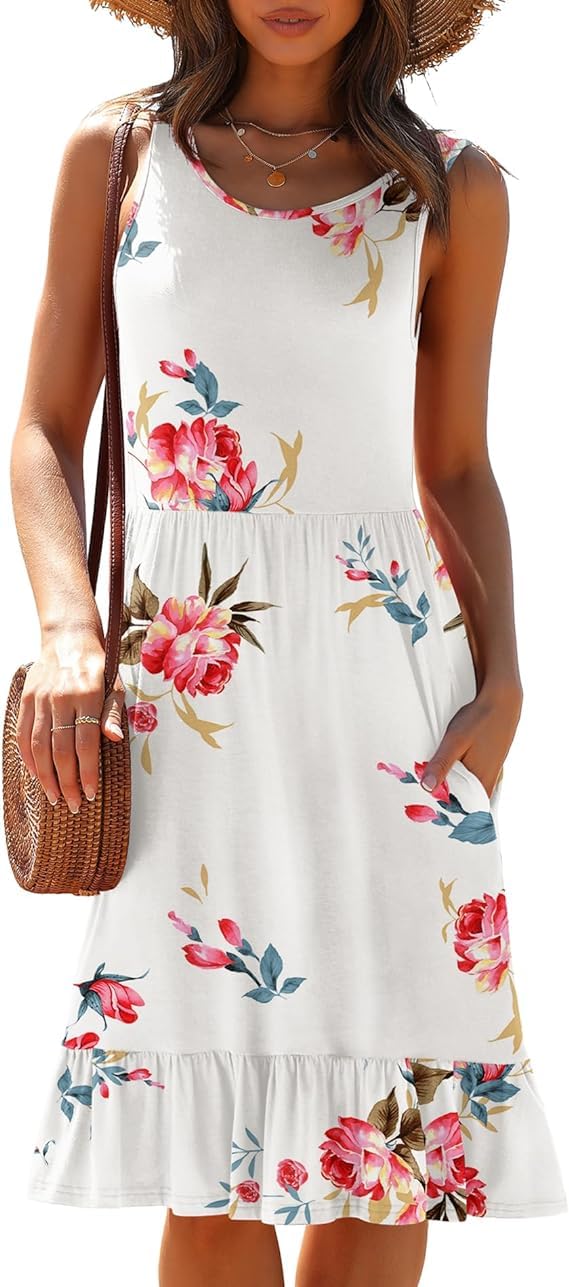 Yommay Vestido de verano para mujer, elegante, largo hasta la rodilla, acampanado, informal, cuello redondo, sin mangas, con bolsillos