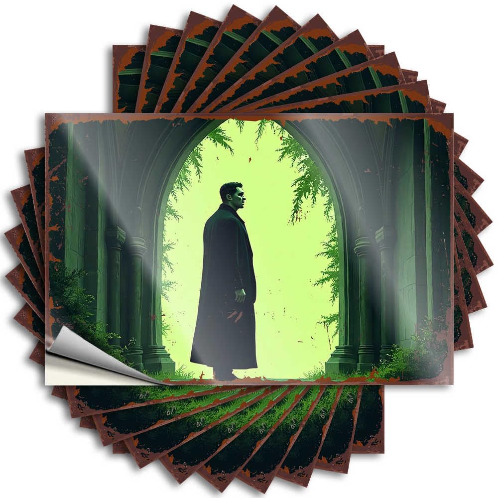 Fzfn Colour Reading, Funny Sticker Hat Man In Black Coat Standing Under Archway Amidst Greenery | Dart Outdoor Farmhouse Decor(8X12cm)