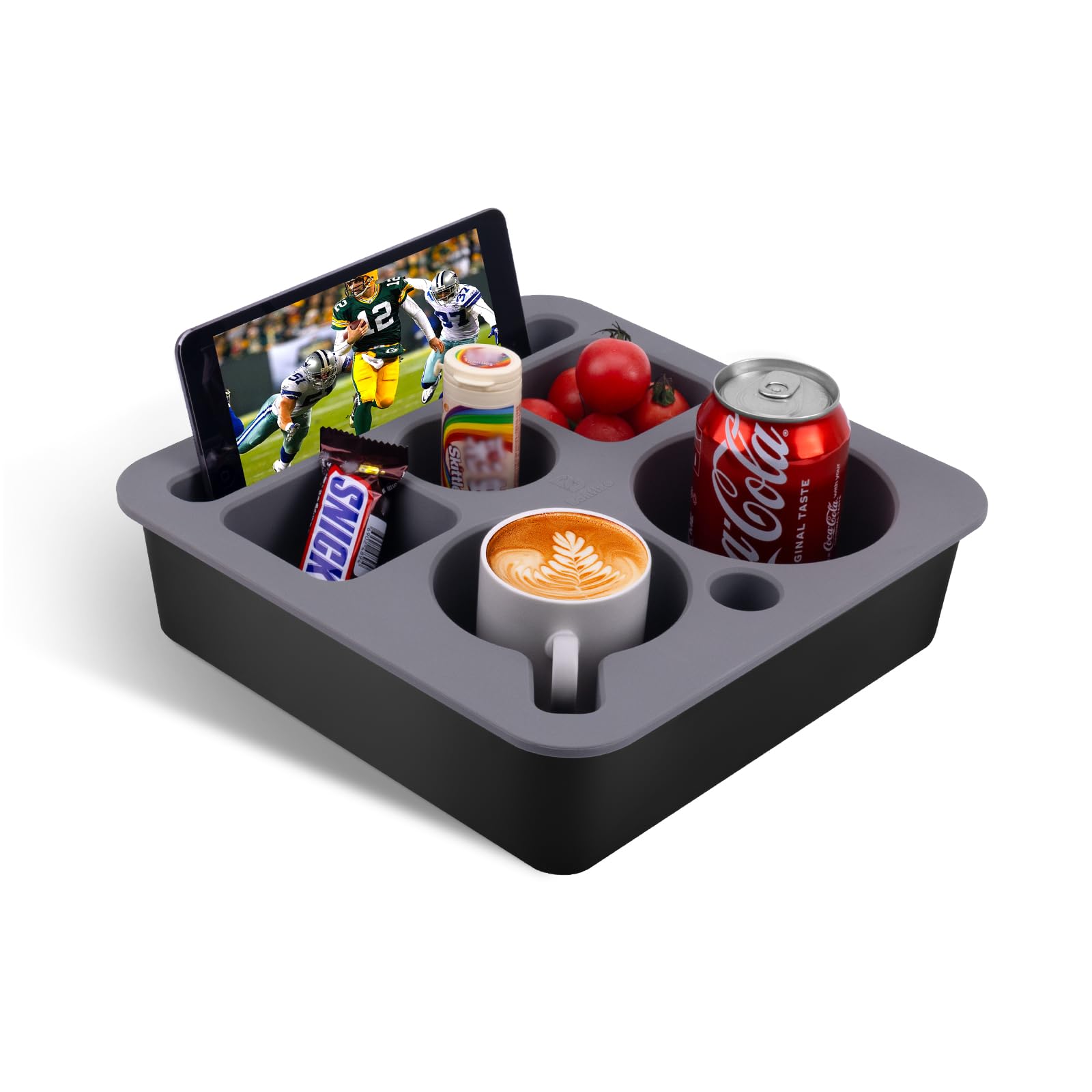Couch Cup Holder Tray, Bonfixe Stable Couch Caddy for Bed and Sofa, Upgraded Capacity Health-Friendly Silicone Anti-Spill Drink Holder Organizer for Snacks Beverage (Black-Gray)