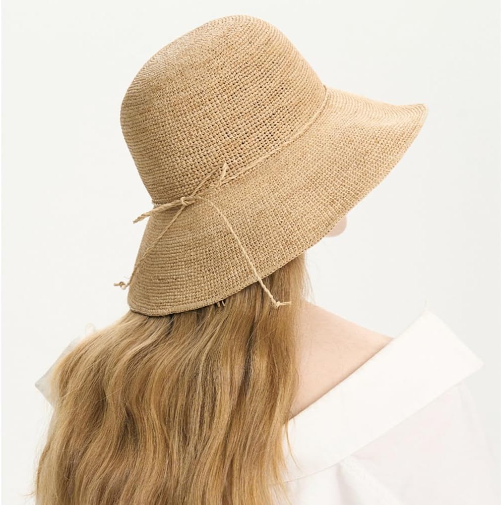 Women's Raffia Straw Hat Summer Beach Bucket Hat Handmade Natural Raffia Woven Sun Hats Foldable Floppy Cap