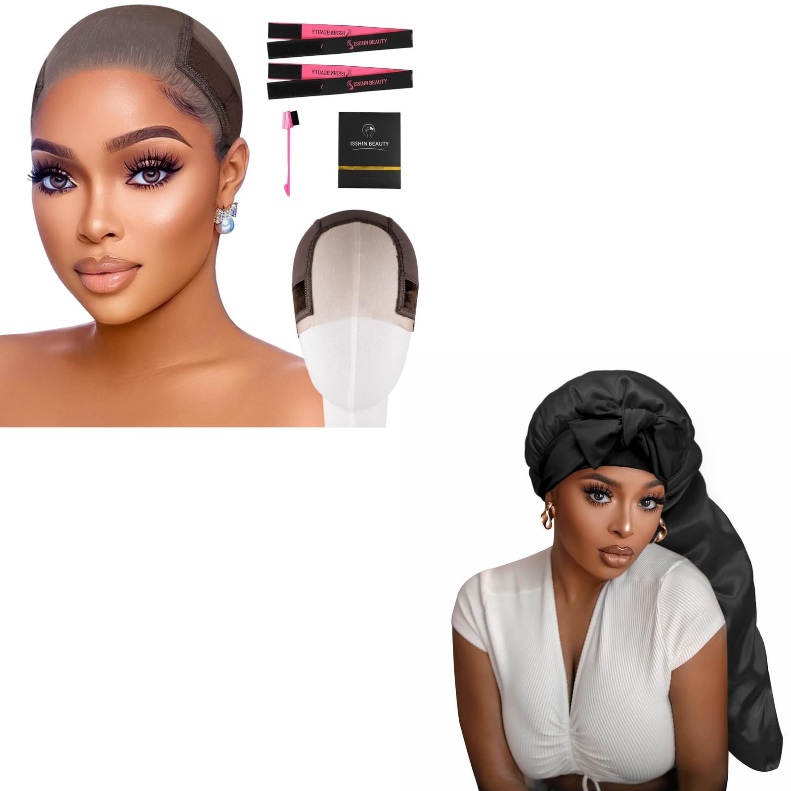 Long Black Satin Bonnet with Brwon Wig Grip Cap