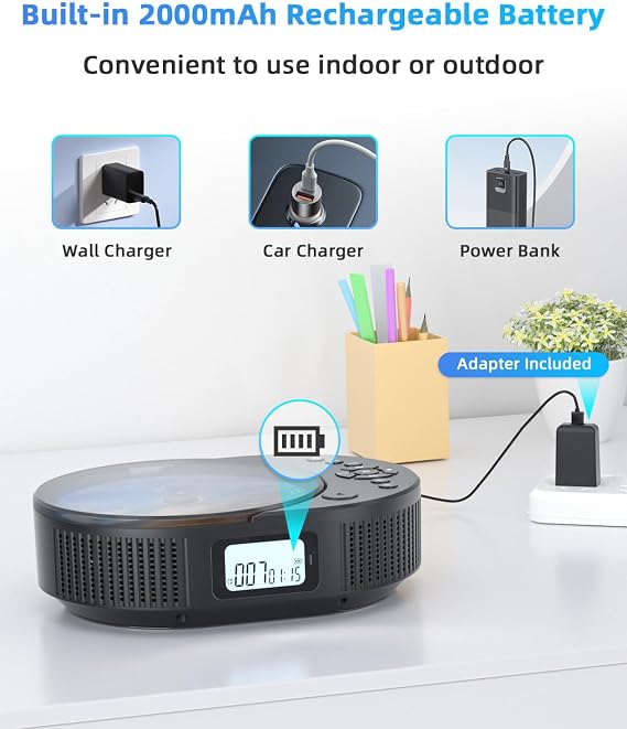 Portable CD Player, Bluetooth CD Player with Speakers, CD Players for Home, Boombox CD Player for Car, Supports FM Radio/AUX/USB/Remote Control/Timer/Repeat, Black