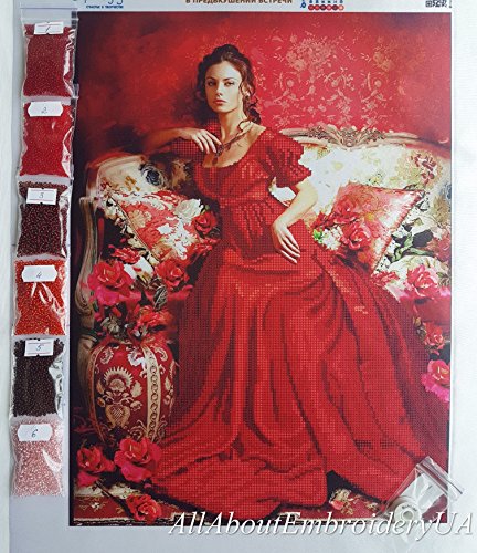 Lady In Red Bead Embroidery Kit Vintage Beautiful Woman Needlepoint Aristocrat Woman Portrait Beaded Cross Stitch Pattern Beading Kit #TOP2