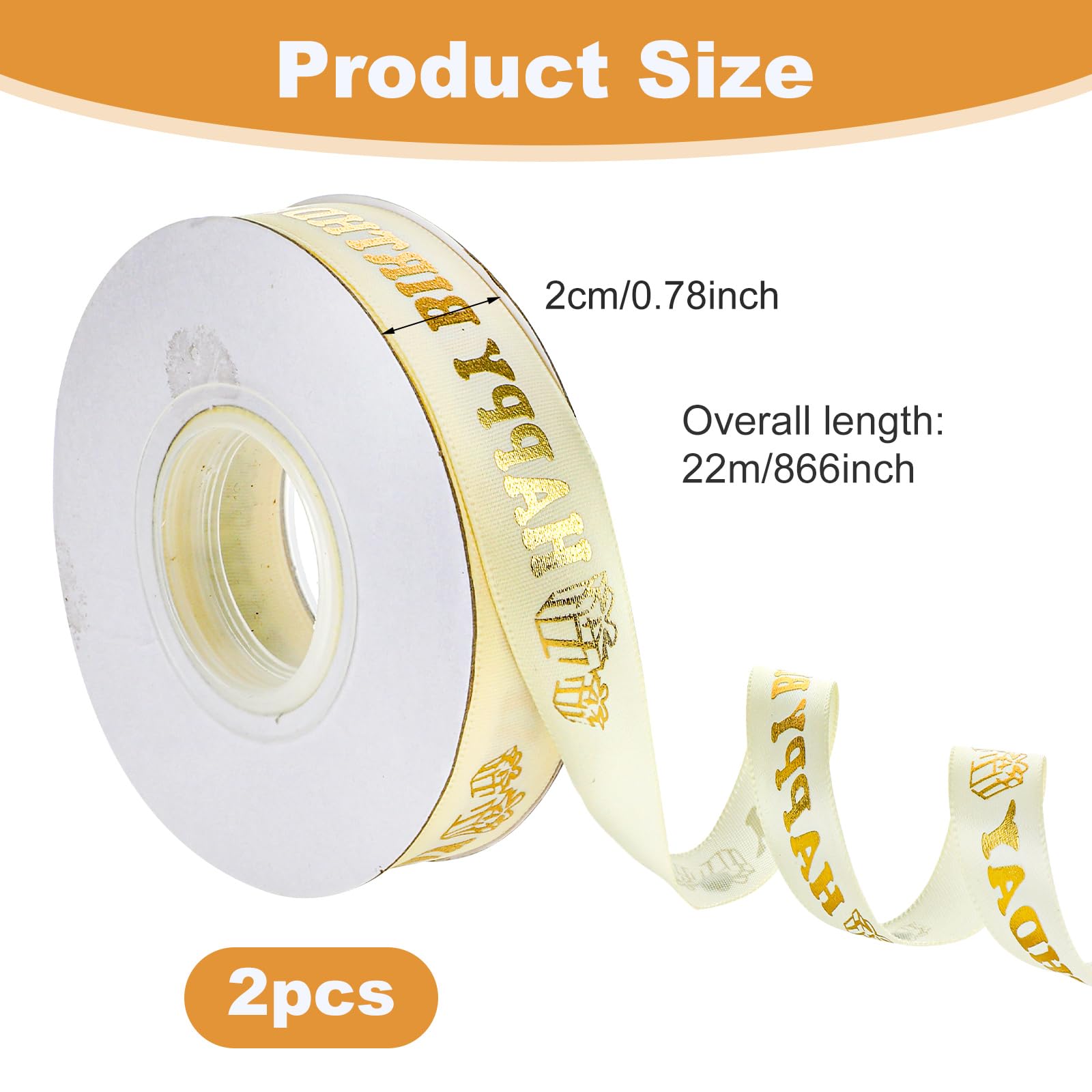 Satijnen lint Happy Birthday 40 m, 2 stuks warmreliëf, cadeaulint, goud, 2 cm, verjaardagsband, wit en goud, voor cake, struisvogels, geschenkverpakking