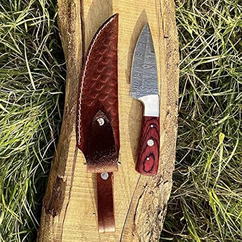 W TRADING Handmade Damascus Steel Hunting Knife Survival Fixed Blade Knife with Red Pukka Wood-Damascus Steel Blade Skinning Camping Knives For men and women With Leather Sheath Cover