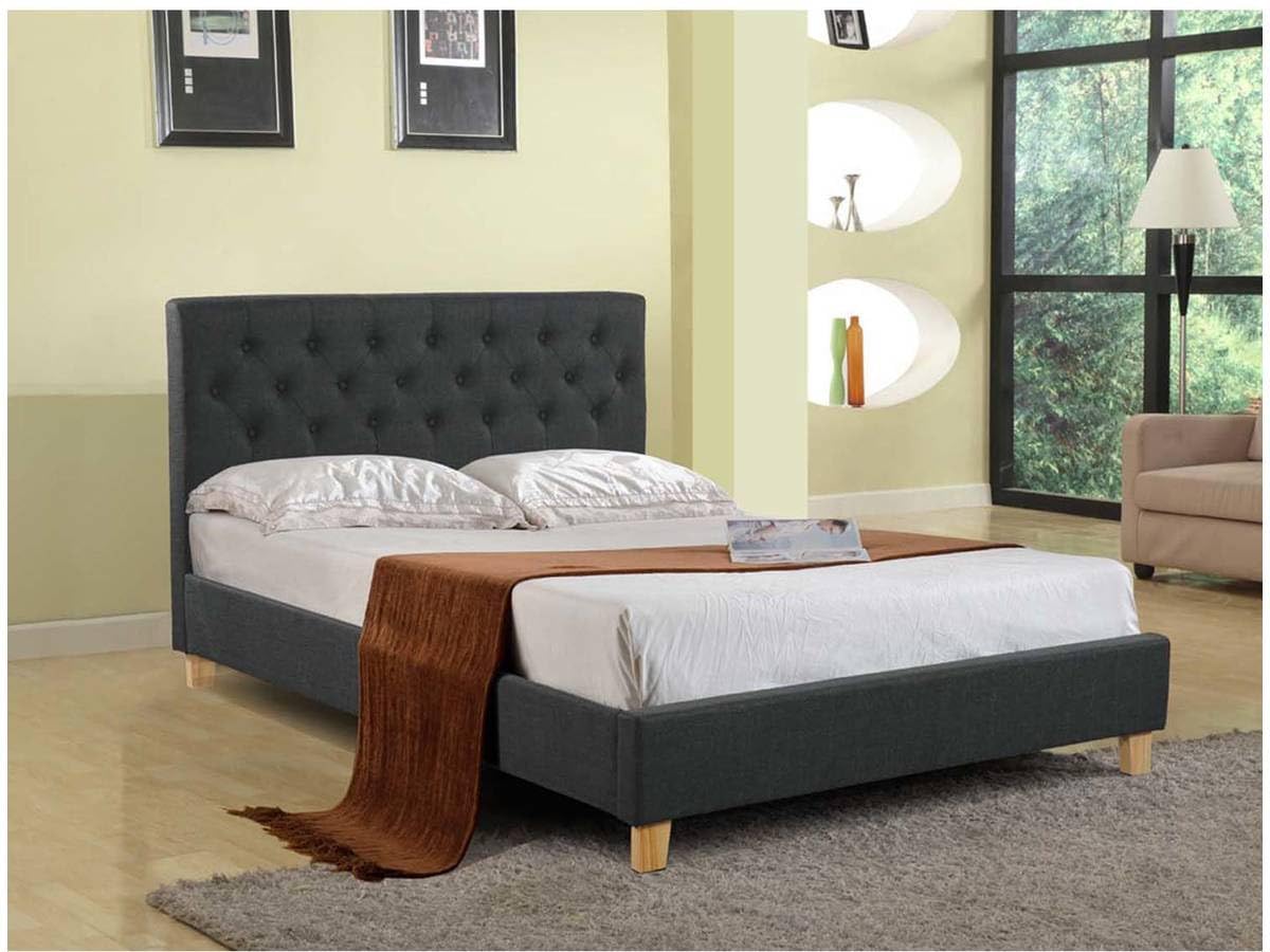 Habitat et Jardin - Lit Double Emmy en Tissu Gris Foncé 140 x 190 cm | Cadre de Lit 2 Places | Sommier et Tête de Lit Inclus | Support à Lattes en Bois