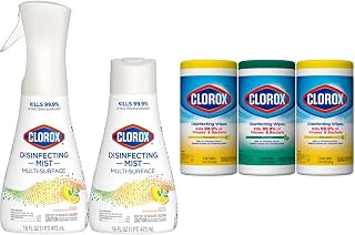 Clorox Cleaning Bundle Disinfecting Mist Lemon and Orange Blossom Scent (1 Spray Bottle & 1 Refill, 16 Fl Oz Each) Disinfecting Wipes (3-Pack, 75ct Each)