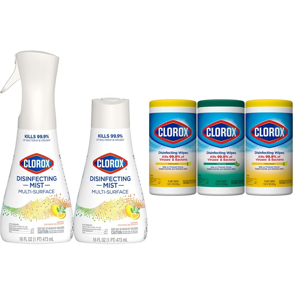 Clorox Cleaning Bundle Disinfecting Mist Lemon and Orange Blossom Scent 1 Spray Bottle 1 Refill 16 Fl Oz
