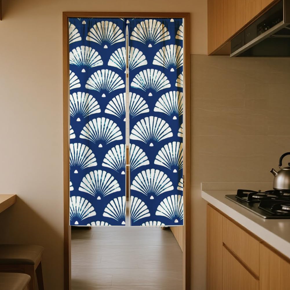 CHGCRAFT Rideau Porte Éventail Blanc pour D'Entrée Style Japonais Rideaux Séparation Pièce à Motif Indigo Rideau de Portes Pliantes pour Placard Chambre à Coucher Salon Porte D'Entrée 59x33 Pouce