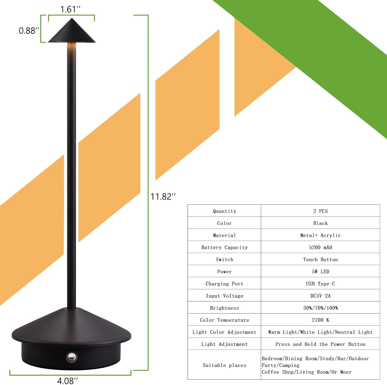2 Pack Cordless LED Table Lamp, Rechargeable 5200mAH Battery Operated Lamp for Decor, 3 Color Stepless Dimming Desk Lamps, for Restaurant, Bedroom, Outdoor Camping, Coffee Shop, Night Light - Image 5