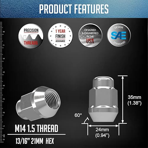 Vista 90 de Wheel Accessories Parts 20 piezas M14x1.5 14x1.5 Rosca corta camión corto 1.50 pulgadas de largo Tuercas estriadas cromadas 6 ranuras hexagonales