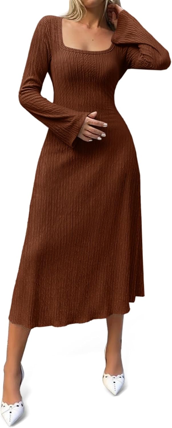 Cicy Bell Womens Sweater Dress Square Neck Maxi Dress Long Sleeve Tie Waist Fall Winter Wedding Guest Knit Midi Dresses