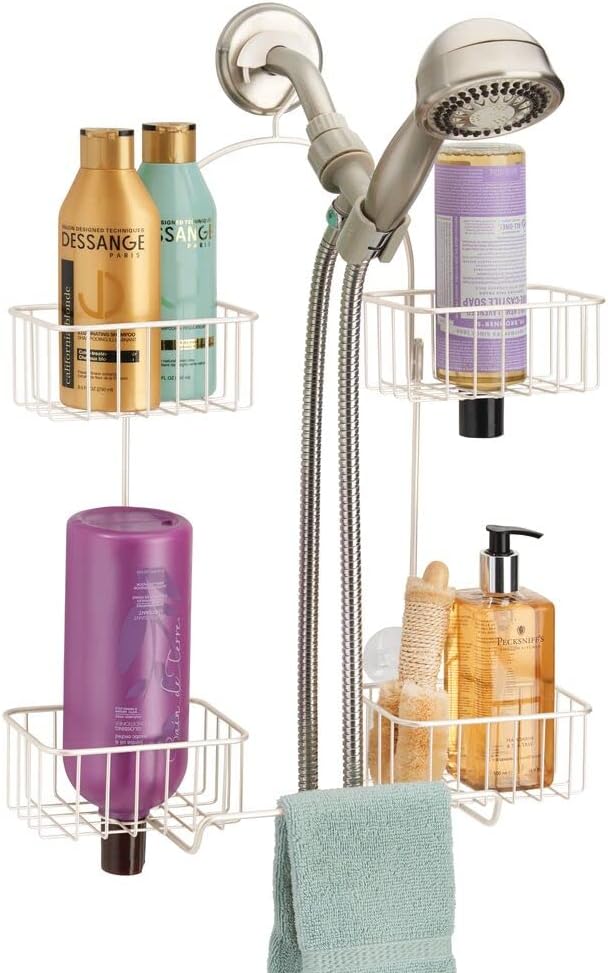 mDesign Metal Hanging Bath and Shower Caddy Organizer for Hand Held Shower Head and Hose - Storage for Shampoo, Conditioner, Hand Soap - 4 Shelf Format - Cream/Beige