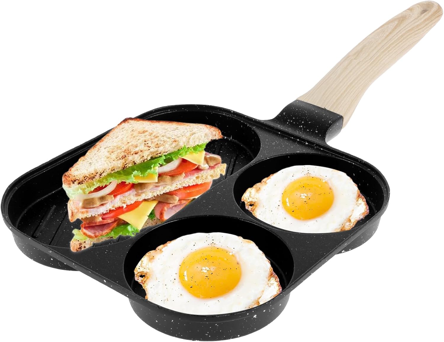 3 Section Breakfast Frying Pan, 3 in 1 Egg Skillet with Wooden Handle, Non Stick Aluminum Alloy Omelette Pan, Egg Cooker Pan for Induction Cooker Gas Cooker Electric Pottery Oven(Black)