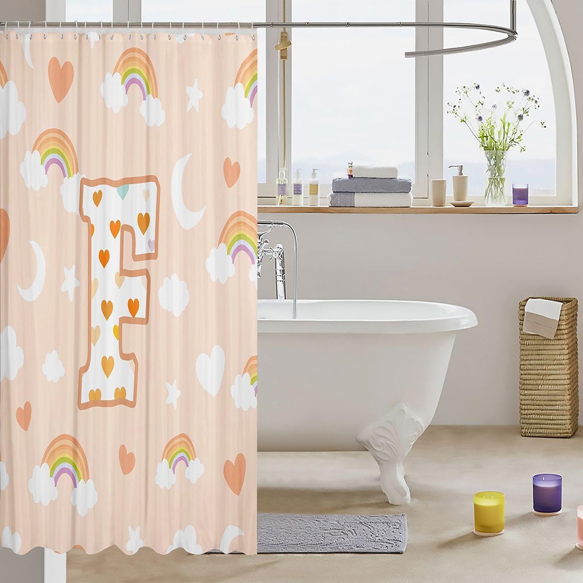 jejeloiu Cute Orange Rainbow Shower Curtain Star Moon Print Bath Curtain Personalized Letter F Bathroom Waterproof Accessories with 12 Hooks Colorful Love Heart Waterproof Polyester,72x72 Inches image 3