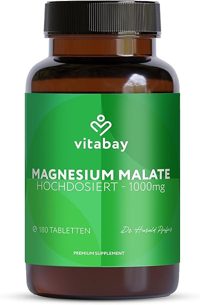 Vitabay Magnesium Malat 1000 mg – 180 Vegane Tabletten – hochdosiert - Für Energiestoffwechsel, Müdigkeit & Muskelfunktion – Laborgeprüft in Deutschland und ohne Zusatzstoffe – Vorrat für 6 Monate