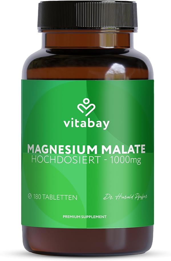Vitabay Magnesium Malat 1000 mg – 180 Vegane Tabletten – hochdosiert - Für Energiestoffwechsel, Müdigkeit & Muskelfunktion – Laborgeprüft in Deutschland und ohne Zusatzstoffe – Vorrat für 6 Monate