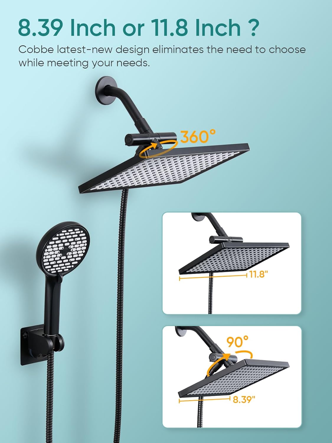 Cobbe 11.8 Inch Rain Shower Head with Handheld - Adjustable Dual Shower Heads with 6 Modes Handheld Spray Combo - Wide Rainfall Showerhead with Hose, Bathroom Accessories - Black