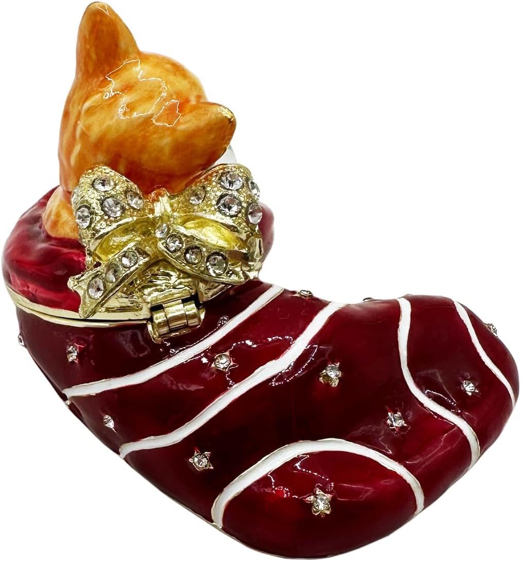 Christmas Trinket Box, Cat in Stocking Hinged Jewelry Box, Hand-Painted Enameled Holiday Gift for Cat Lovers, Christmas Decor Figurine, Small Keepsake Box for Women