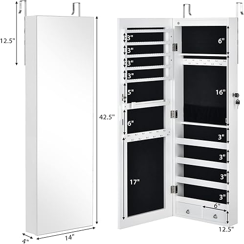 Miniatura 7 de CHARMAID Armario de joyería de 6 luces LED montado en la paredpuerta organizador de joyas con cerradura con espejo de longitud completa 2 cajones