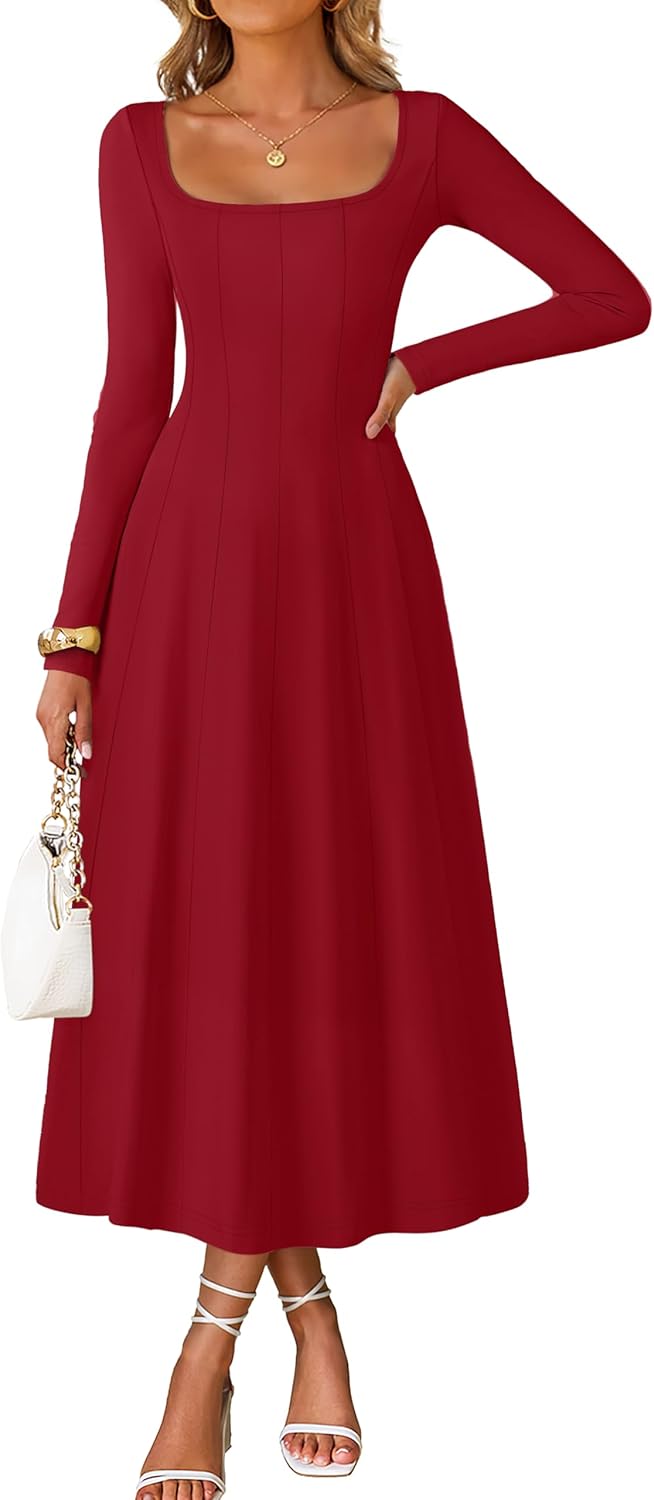 MEROKEETY Women's Fall Dresses 2025 Long Sleeve Square Neck Elegant Classy Winter Cocktail Wedding Guest Midi Dress