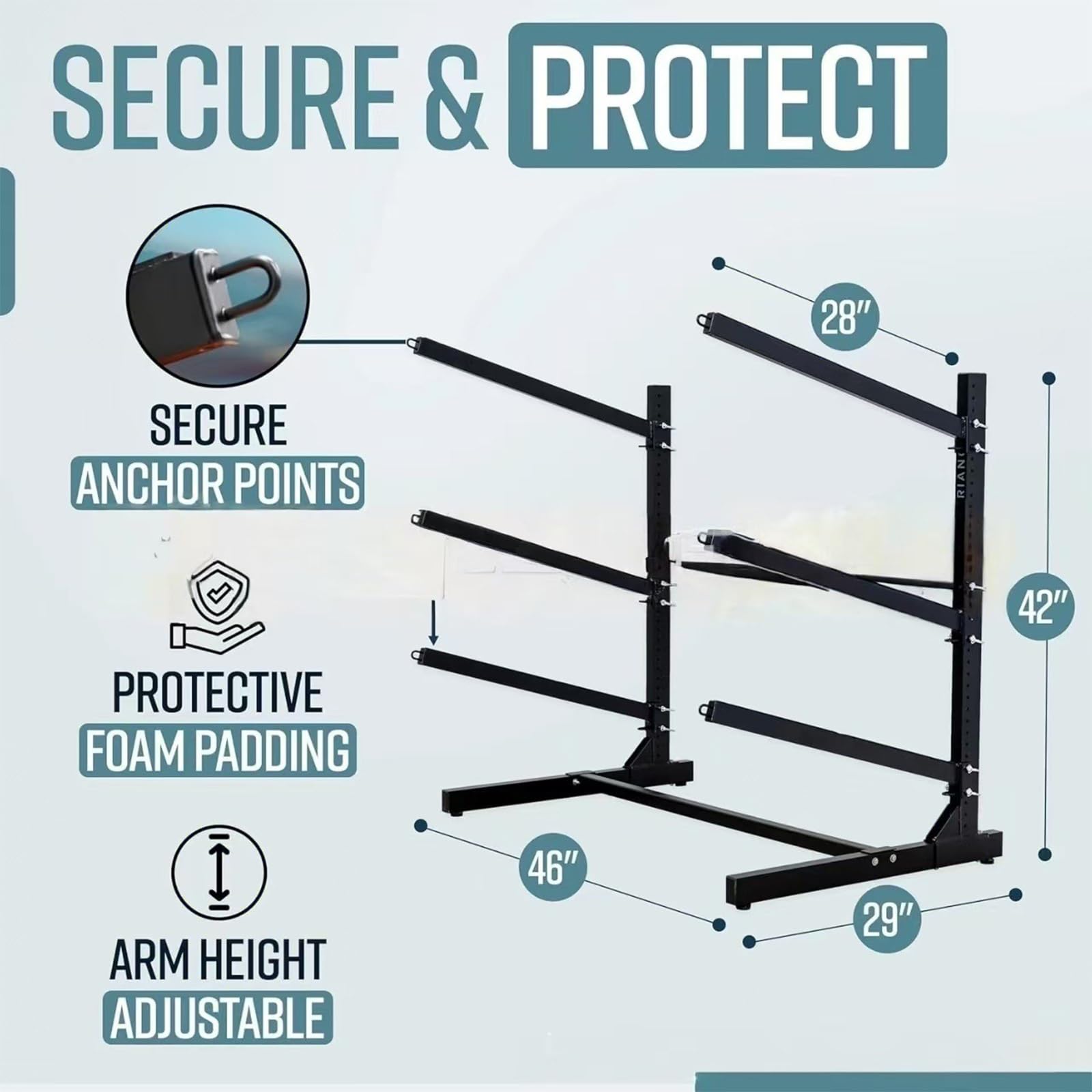 Scaffale autoportante resistente con bracci regolabili per kayak, canoe, tavole da surf e paddle