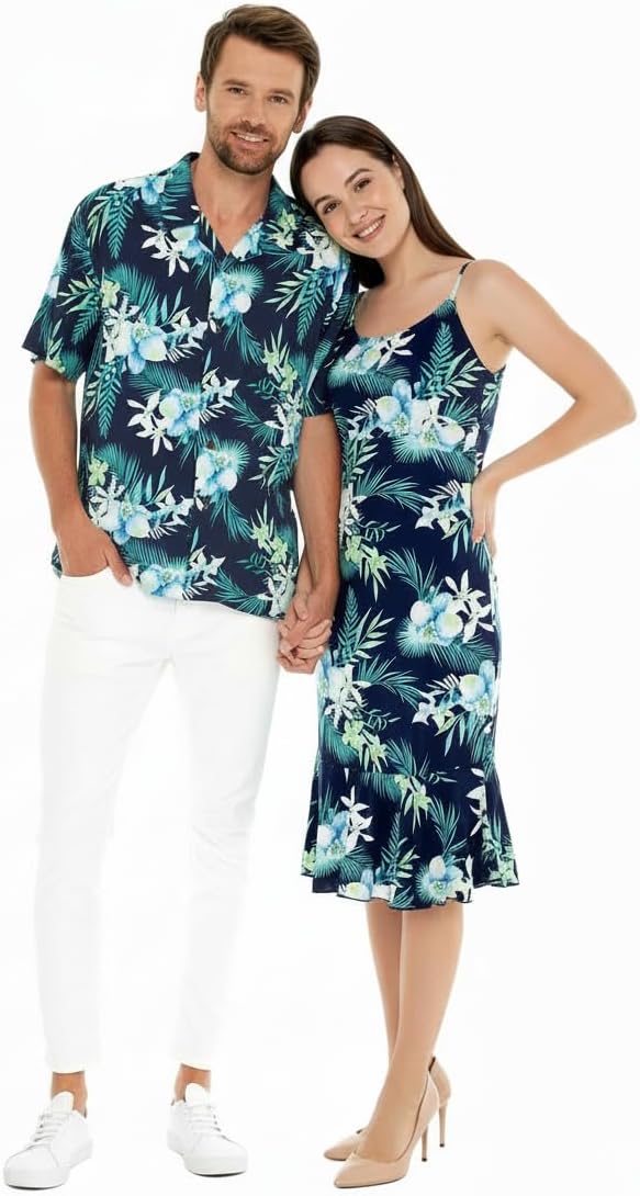 Matchable Couple Hawaiian Luau Shirt or Mermaid Ruffle Dress in Orchid Breeze Navy