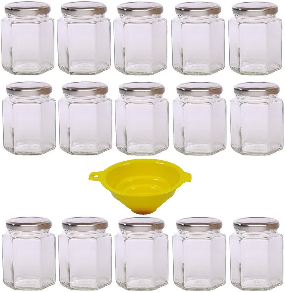 Viva Haushaltswaren Glass Jars 196 ml with Silver-Coloured Lids and Yellow Funnel with Locking Mechanism Set of 15
