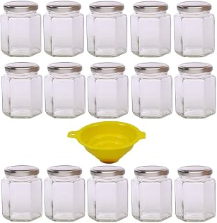 15 sechseckige Marmeladengläser für 196ml mit silbernem Deckel/für Konfitüren, Chutneys, Pasten, etc. - inkl. einem gelben Einfülltrichter