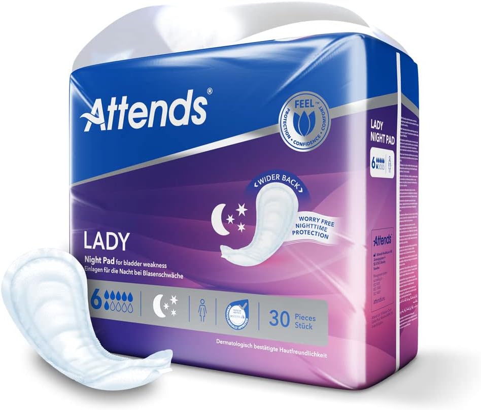 Lady 6 Night Pad | For Moderate To Heavy Bladder Weakness | With Active Zone | Quick Dry Technology | Odour Protection | 100% Breathable | 30 Pieces
