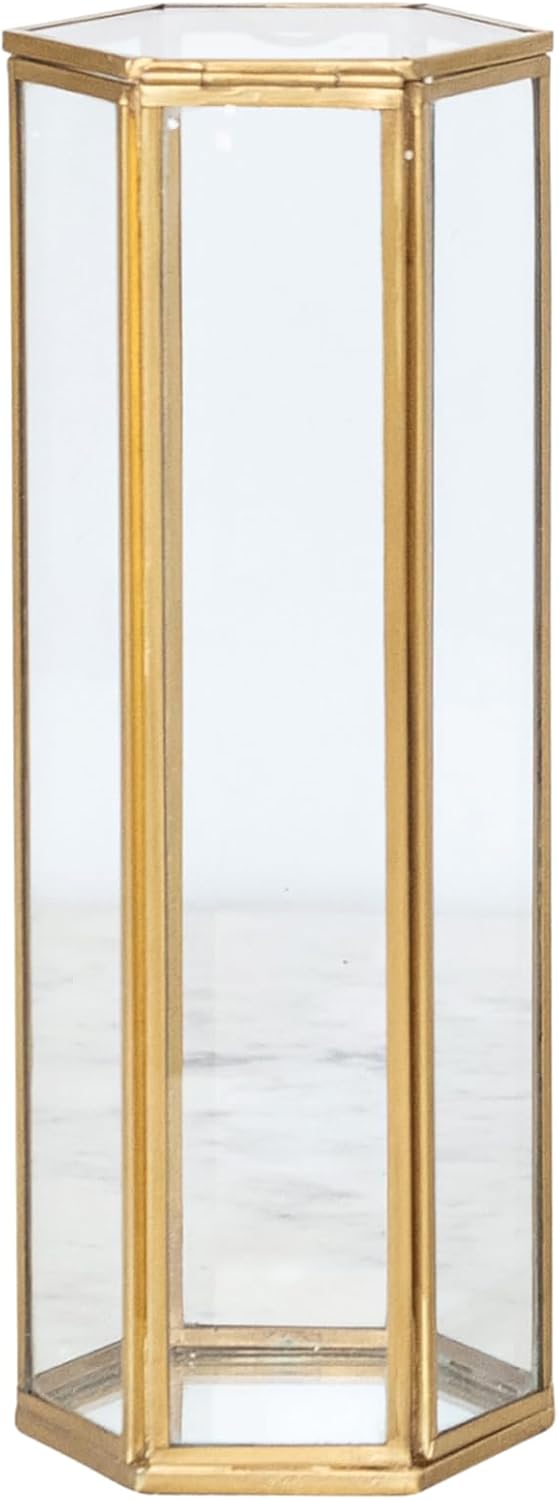 Creative Co-Op Elegant Hexagonal Glass and Brass Container with Mirrored Bottom, Antique Gold Finish